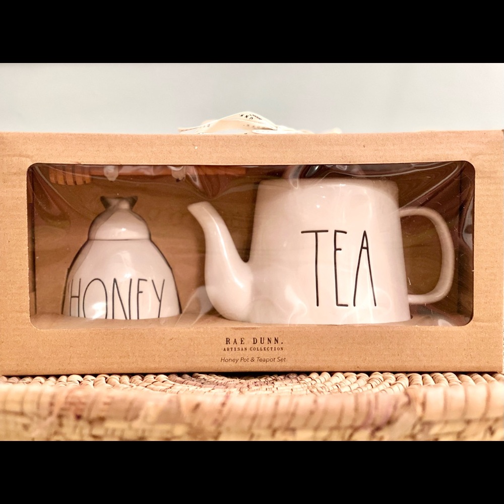 Rae Dunn Holiday "TEAPOT & HONEY POT (w/Honey Dipper Stick)" Gift Set